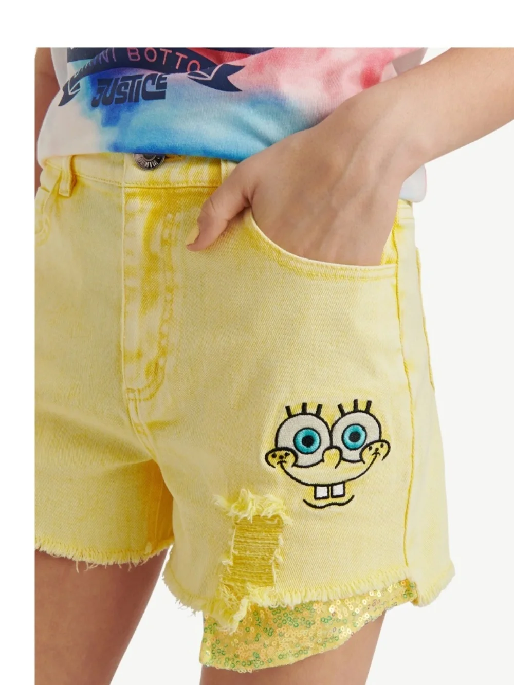 SpongeBob Girls Justice Yellow Denim Sequin Shorts Size 8 NWT